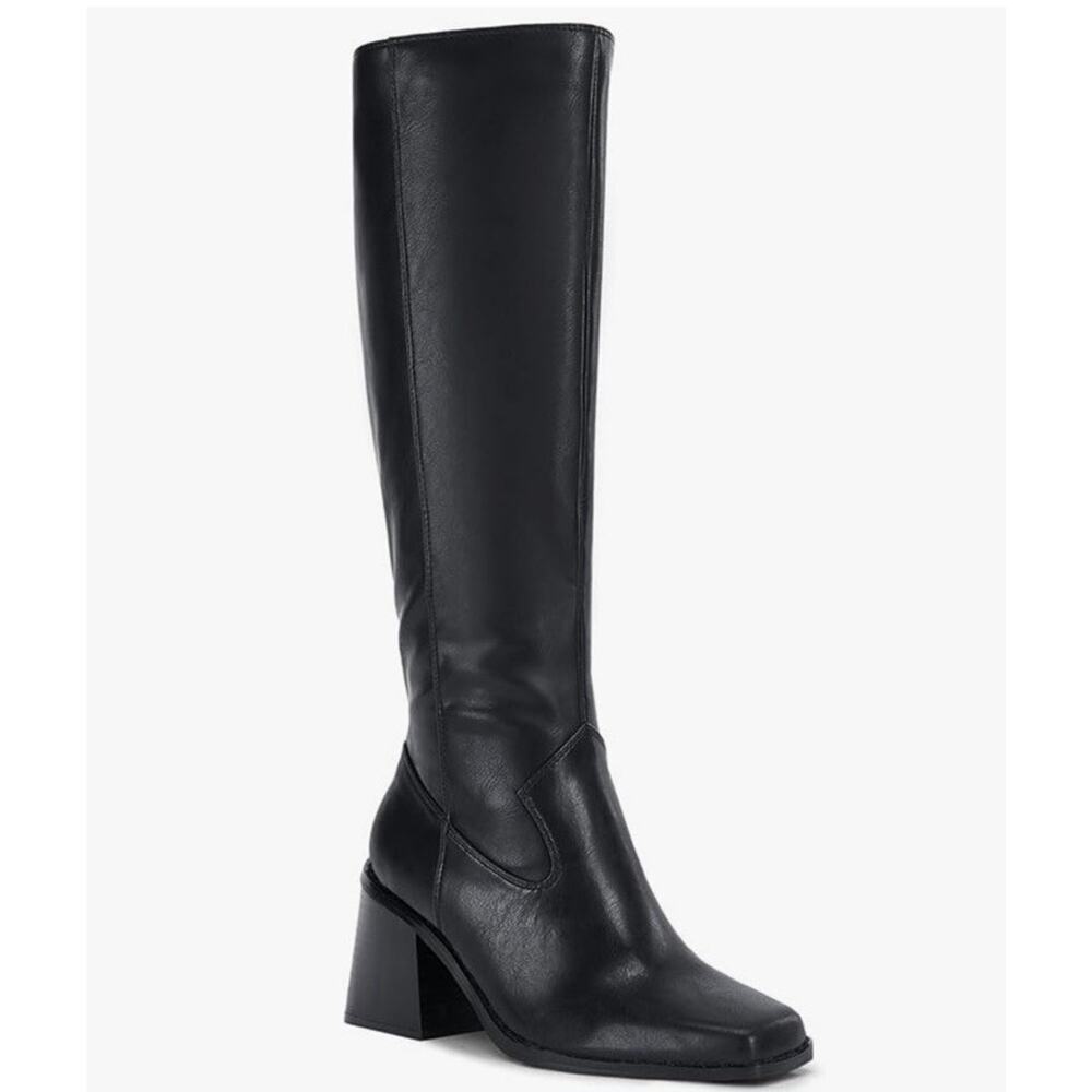 Women's Knee High Boots Size 8 1/2 Wide Calf Square Toe Chunky Heel NEW Open
